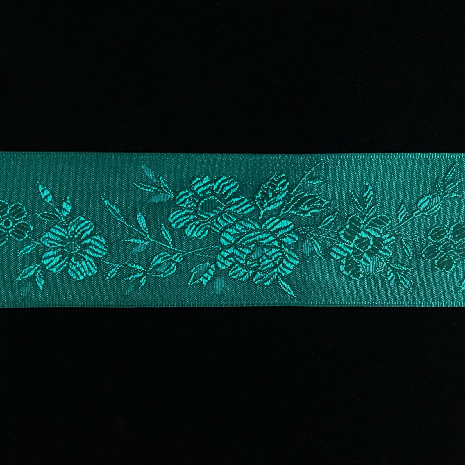 160.5 Satin jacquard floral ribbon peacock teal green 1-1/2" (35mm)