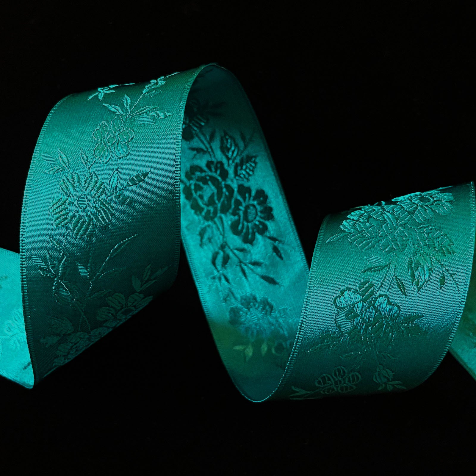 160.5 Satin jacquard floral ribbon peacock teal green 1-1/2" (35mm)