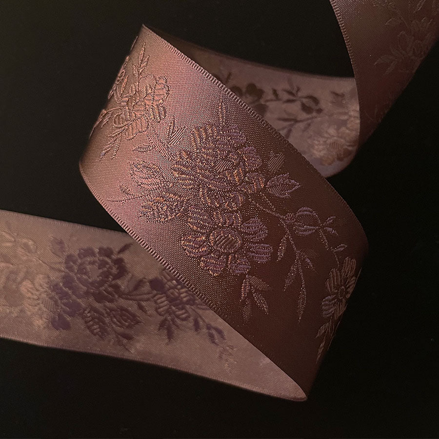 160.6 Satin jacquard floral ribbon chestnut brown 1-1/2" (35mm)