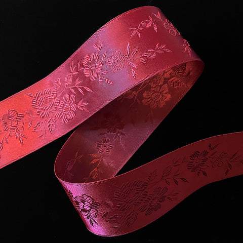 160.3  160.3 Satin jacquard floral ribbon claret burgundy red 1-1/2" (35mm)