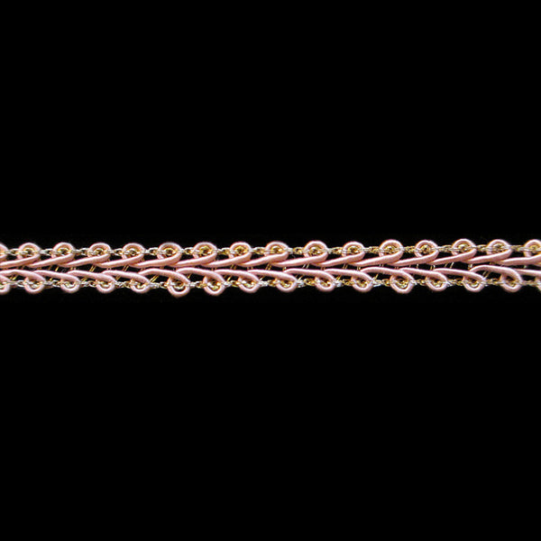 654 Metallic gimp trim "Ram's horn" bright gold with pale rose 1/4" (6mm) - Palladia Passementerie
